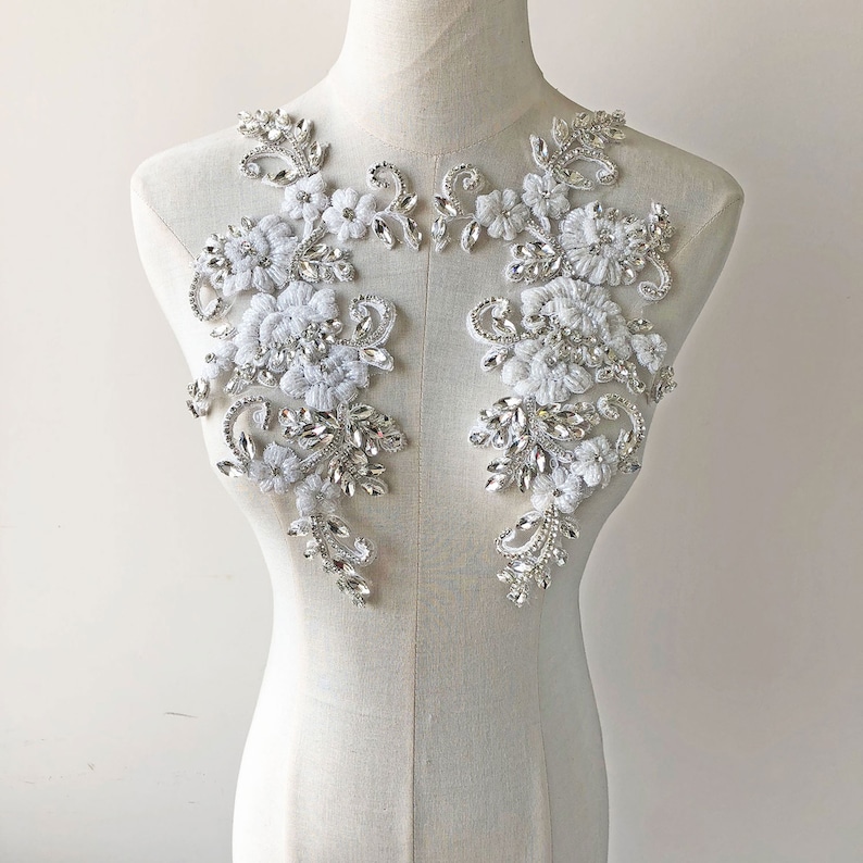 Bridal Dress Applique Rhinestone Beaded Embroidery Crystal Flower Lace Patch Sparkle Addition for Wedding Dresses Bridal Cover Up