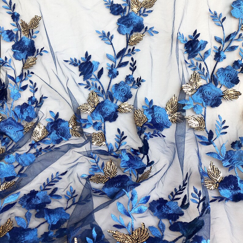 Sapphire Blue Sequins Lace Fabric Embroidery Flower Vines Lace Overlay For Dance Dress Party Gown 55 inches Width Sold by yard