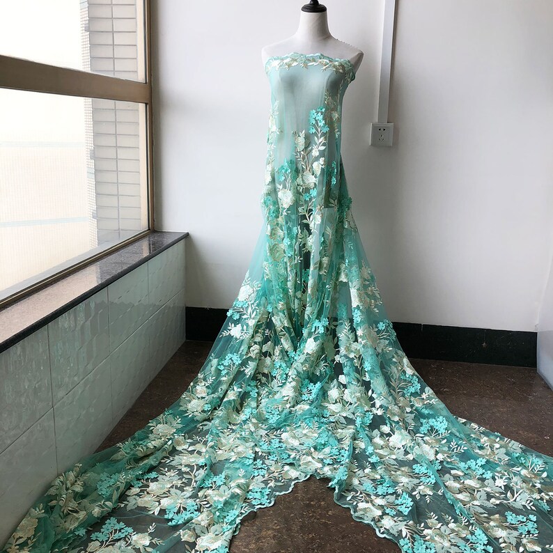 2 MTR TURQUOISE SCALLOPED BRIDAL EMBROIDED LACE NET FABRIC...52/" WIDE
