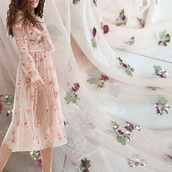 Lace Fabric Embroidered Sequin Mesh Flower Wedding Dress By The Yard Blush Pink