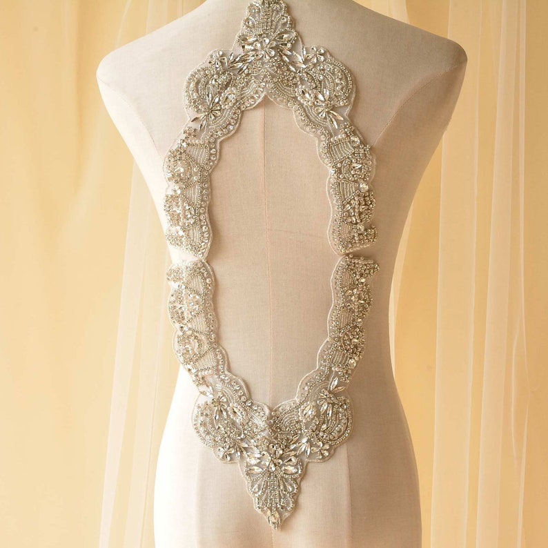 Neck Crystal Dress Neckline Applique Iron on Beaded Trims for Evening Dress Clear Rhinestone Applique V Party Costumes