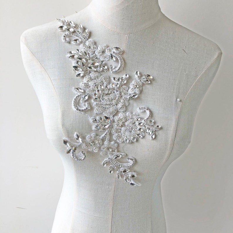 Bridal Dress Applique Rhinestone Beaded Embroidery Crystal Flower Lace Patch Sparkle Addition for Wedding Dresses Bridal Cover Up