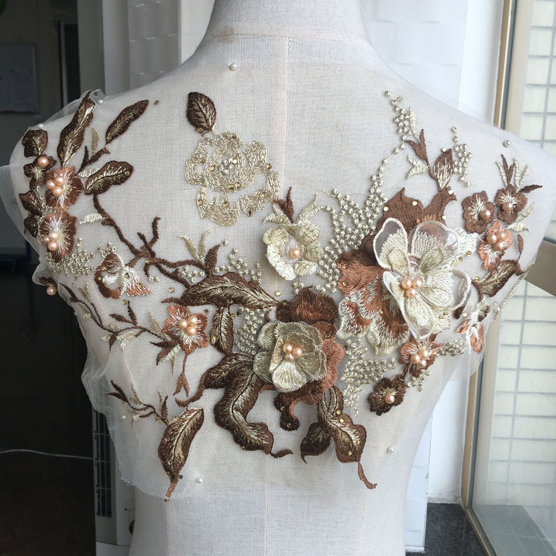 1 Pair Flower Embroidery Beads Sequins Lace Applique For Wedding Dress Bridal