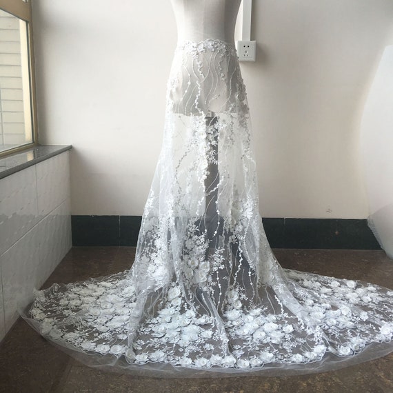 Vintage Off White Beaded Wedding Dress Fabric 51/" Bridal Tulle Lace Fabric 0.5 M