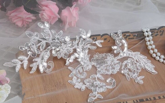 Bridal Lace Applique Floral Soft Wedding Motif Ivory Lace Applique Trim 1 Pair