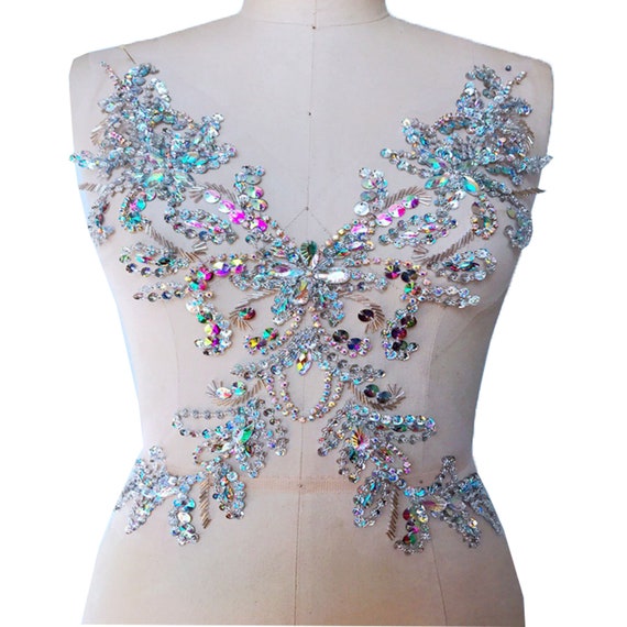 Sparkle Sequined Beaded Flower Trim Neckline Collar Wedding Sewing Applique