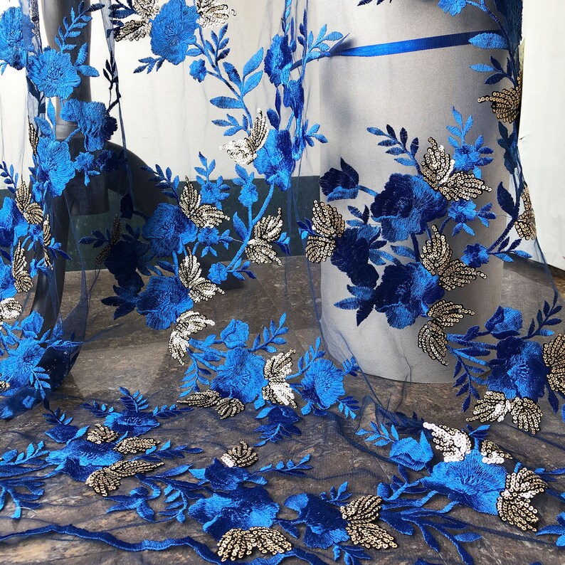 Sapphire Blue Sequins Lace Fabric Embroidery Flower Vines Lace Overlay For Dance Dress Party Gown 55 inches Width Sold by yard