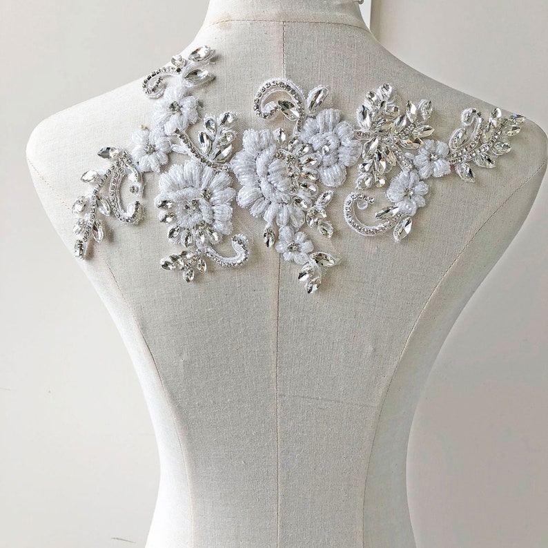 Bridal Dress Applique Rhinestone Beaded Embroidery Crystal Flower Lace Patch Sparkle Addition for Wedding Dresses Bridal Cover Up