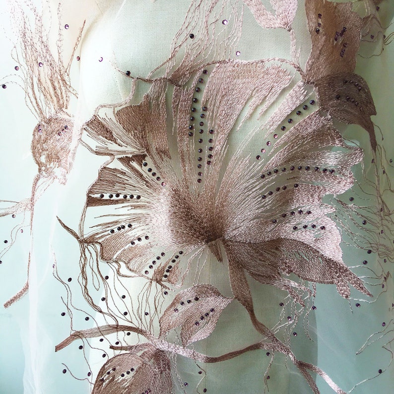 Pinkish Rhinestone Lace Fabric Beading Embroidered Lace Gauze Flower Lace Gauze with Diamante Details Sewing Fabric 51 inches 0.5 meter