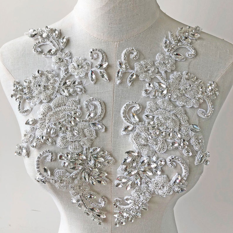 Bridal Dress Applique Rhinestone Beaded Embroidery Crystal Flower Lace Patch Sparkle Addition for Wedding Dresses Bridal Cover Up
