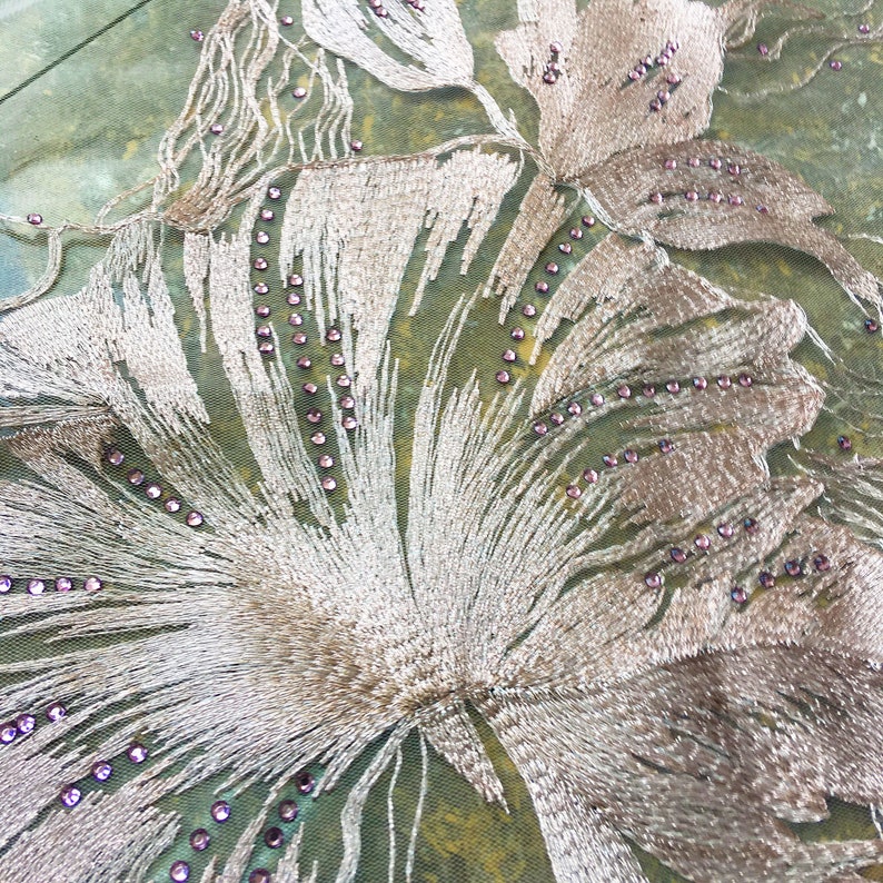 Pinkish Rhinestone Lace Fabric Beading Embroidered Lace Gauze Flower Lace Gauze with Diamante Details Sewing Fabric 51 inches 0.5 meter