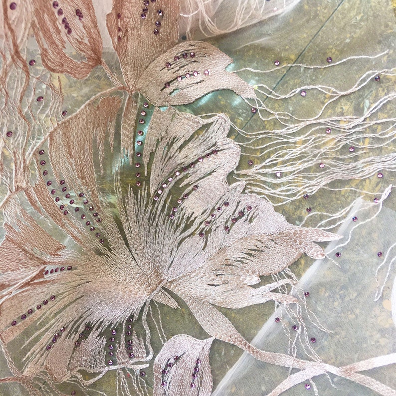 Pinkish Rhinestone Lace Fabric Beading Embroidered Lace Gauze Flower Lace Gauze with Diamante Details Sewing Fabric 51 inches 0.5 meter