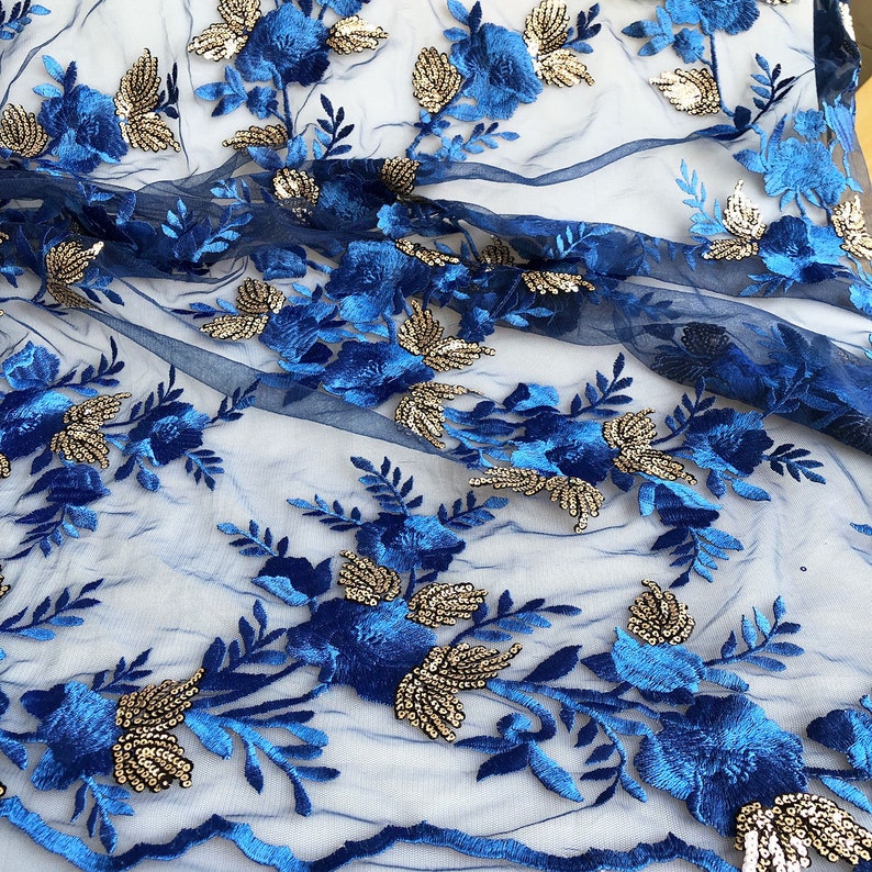 Sapphire Blue Sequins Lace Fabric Embroidery Flower Vines Lace Overlay For Dance Dress Party Gown 55 inches Width Sold by yard