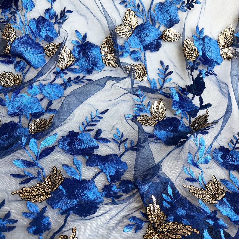 Sapphire Blue Sequins Lace Fabric Embroidery Flower Vines Lace Overlay For Dance Dress Party Gown 55 inches Width Sold by yard