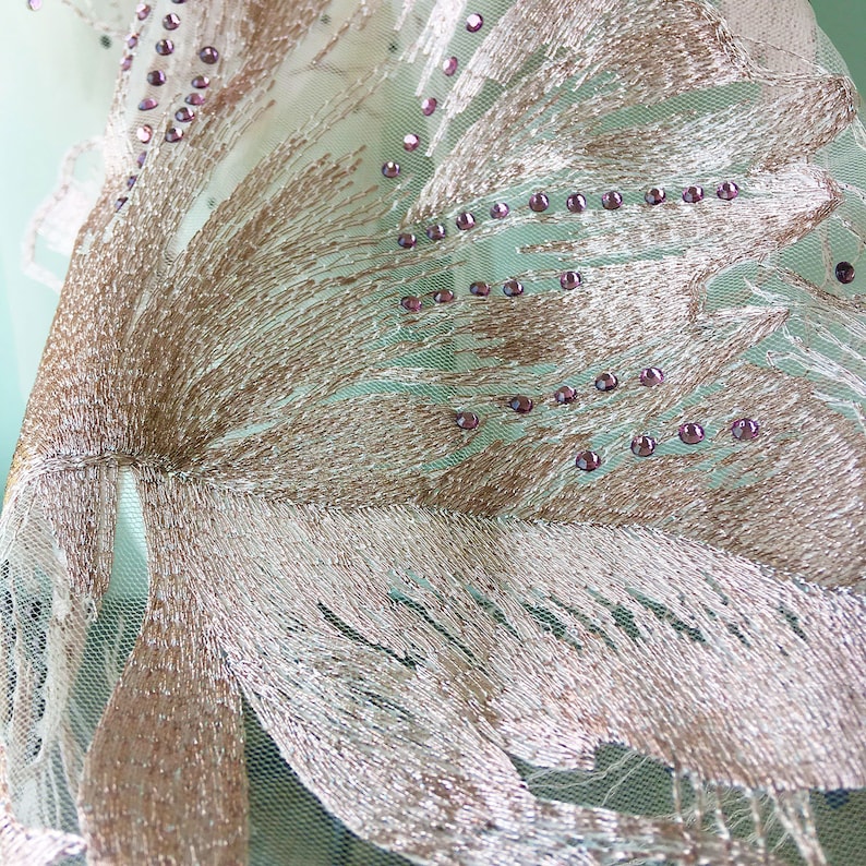Pinkish Rhinestone Lace Fabric Beading Embroidered Lace Gauze Flower Lace Gauze with Diamante Details Sewing Fabric 51 inches 0.5 meter
