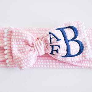 Personalized Seersucker Baby Bow, Monogram Pink Seersucker Headband, Baby Head Wrap, Blue Seersucker Baby Bow Headband, Easter Bow, Big Bow