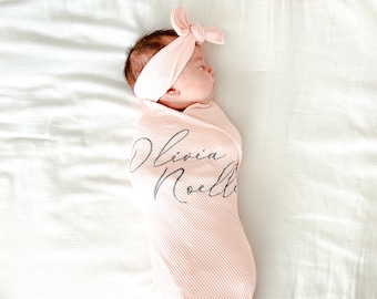 Personalized Baby Swaddle, Custom Newborn Swaddle with Headband Set, Monogram Baby Blanket Set, Ribbed Knit Baby Blanket, Newborn Hat