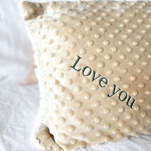May include: A beige plush pillow with a textured surface and the words "Love You" embroidered in green.