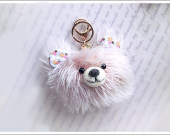 Mohair Bear-Head Bag Charm, Wool Felting, Cool Grey Mohair Bear