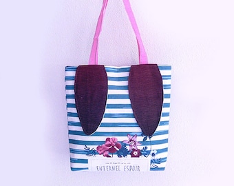 Cotton Fabric Shopping Tote Bag -Rabbit Ears Tote Bag - Recycle Bag - Shopping Bag - Spring Summer Florals