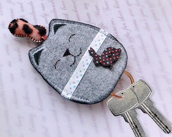 Grey Cat with Fish Key Case, Keys Chain, Key Pouch, Polka-Dots Rabbit