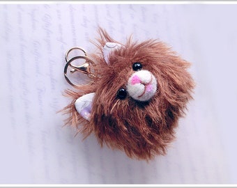 Mohair Cat-Head Bag Charm, Wool Felting, Brown Mohair Cat