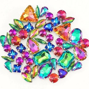 50 Pcs / Set of Rainbow Color Mixed Shapes & Sizes Sew On Rhinestones | Silver Base Setting Crytal Beads | Sew On Claw Rhinestones ATC9008