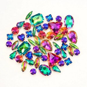 50 Pcs / Set Rainbow Color Mixed Shapes & Sizes Sew On Rhinestones | Gold Setting Crystal Beads | Sew On Claw Rhinestones ATC9011