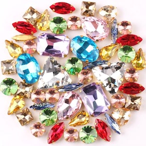 50 Pcs / Set of Mixed Shapes & Sizes Sew On Rhinestones | Gold Base Setting Crystal Beads | Sew On Claw Rhinestones ATC9009