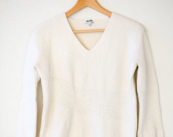 vintage KENZO Paris jumper pullover v neck white wool mohair blend thick winter warm sweater size M made in Italy