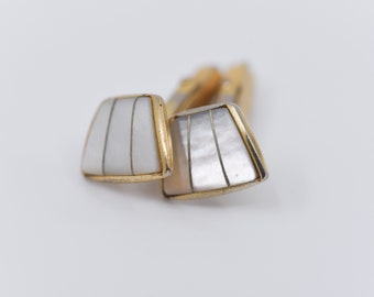 vintage mother of pearl cufflinks MOP gold tone metal asymmetric geometric design mid-century modernist Fathers Day gift for Christmas rare