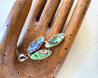 abalone shell pendant 925 sterling hallmarked silver mount large bale 3 leaf arrangement iridescent vintage jewellery