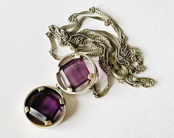 necklace solid silver twist speciality chain hallmark 925 maker stamp KM purple square cabochon pendant borelli geometric vintage jewellery