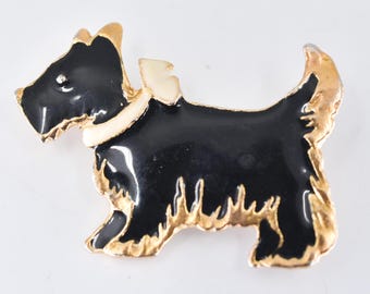 Broche de perro escocés vintage francés terrier westie, esmalte negro, tono dorado, metal crema, collar, joyería coleccionable, regalo para amantes de los perros pequeños