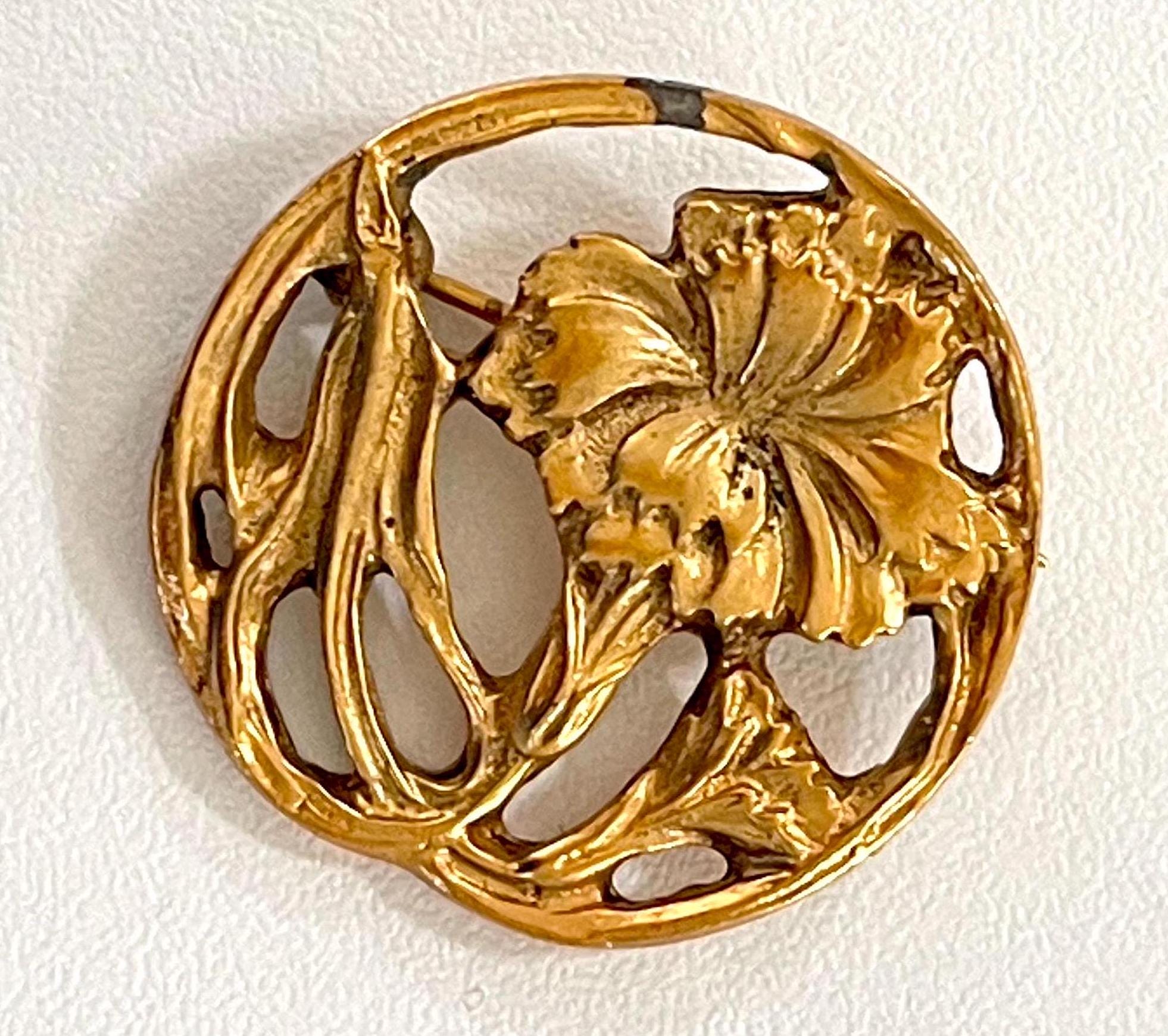 Broche Ancienne Art Nouveau Florale Unisexe 1890/1910 Collection Vintage Doré Métal - Vendu
