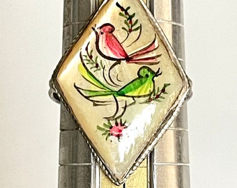 ring diamond shaped Persian bird hand painted motif on mother of pearl MOP mounted in silver metal maker mark early C20th rare jewellery