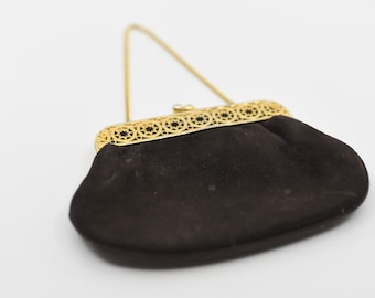 vintage suede coin purse pouch gold link chain and ornate clasp dark brown with leather interior gift for her made in France 1960s rare