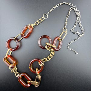 long speciality chain necklace vintage bohemian jewellery early plastic acrylic links gold and silver tone metal chain adjustable 70s style