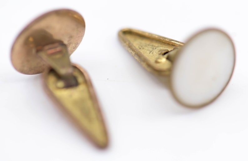 cufflinks antique French vintage mother of pearl MOP round face with mount and lever back brass tone metal formal wear dress shirt one pair