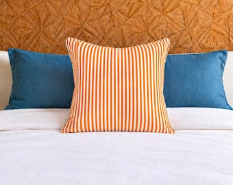 Orange Stripe Cushion Cover, White Cotton Pillow Cover, Grey Piping, Handmade Vintage Fabric, 48 x 49 cm, Limited Batch