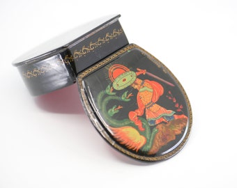 lacquered box hinged lid vintage painted dragon slayer jewellery storage horseshoe shape trinket box signed ØE∆OTOBA TB Russian folk art