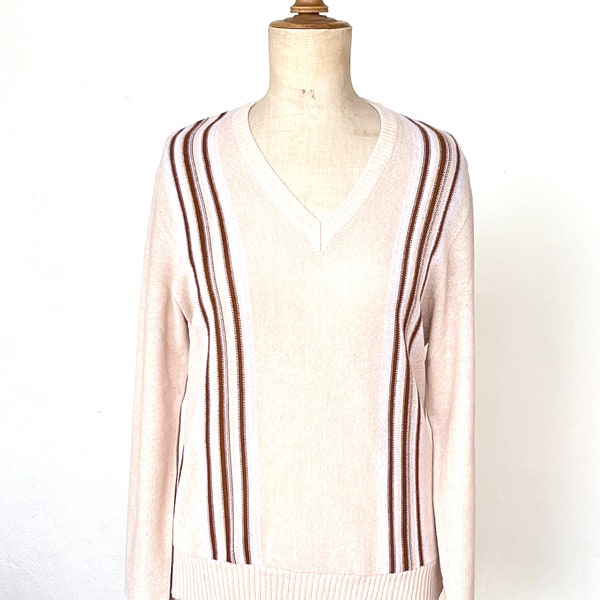 pull en maille pull col v Français vintage mod beige marron rayure pull maille Griffon Frères adulte taille 2 scooter garçon rare mode rare 70s