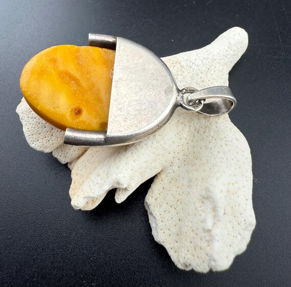 yellow amber cabochon solid silver pendant oval n… - image 4