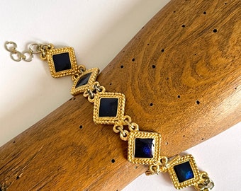 link bracelet blue foil art French vintage articulated geometric midcentury modern jewellery diamond shaped links gold tone metal adult 60s