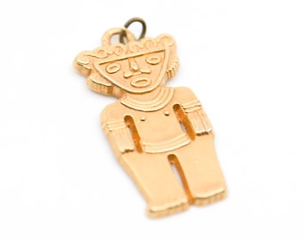 pendant charm aztec mayan inca tribal figure man god totem gold tone stamped W verso vintage bohemian jewellery