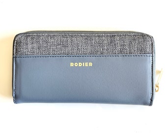 RODIER luxury French vintage wallet purse coin pouch rectangular grey faux simili cuir texture fabric logo boxed new old stock NOS 1990s