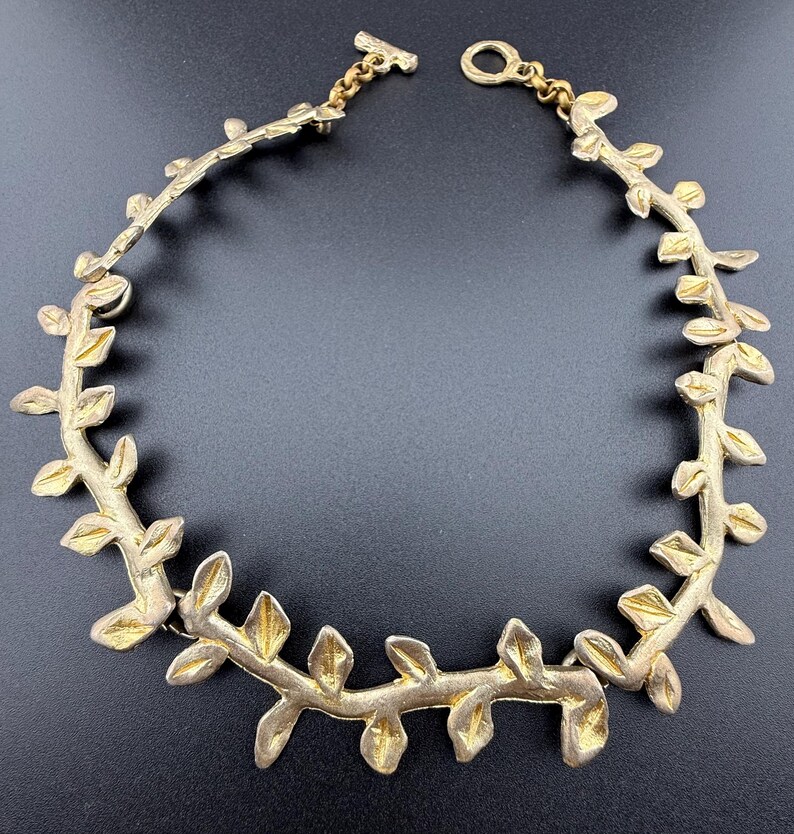 nature inspired choker necklace French vintage costume fashion jewellery gold tone metal link branch leaf collier signed LOOLA PARIS 1980s