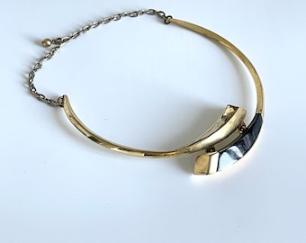 modernist choker necklace articulated geometric gold black double half moon French vintage midcentury modern metal jewellery rare 1970s