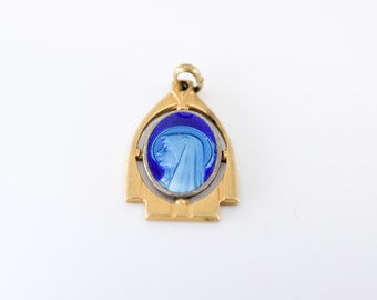 Miraculous Mary charm medal French vintage blue enamel gold tone religious pendant jewellery Lourdes one side protection spiritual medallion