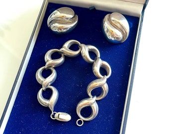 London MAPPIN & WEBB solid silver vintage 925 hallmark link bracelet BAYANIHAN lever post earring jewellery modernist original box set 1970s